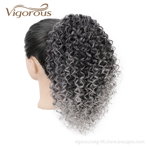 Ombre Black to gray Wholesale Afro Natural Clip In Drawstring Extensions Wrap Around Draw String High Curly Custom Ponytail Wig